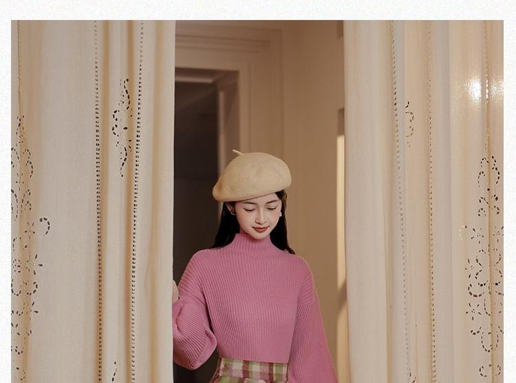 Set: Mock Neck Plain Ribbed Sweater + High Waist Plaid Midi A-Line Skirt Product Image