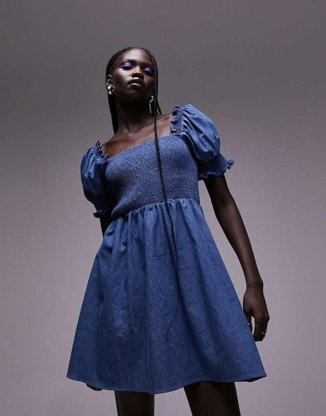 Topshop shirred mini tea dress with puff sleeves in chambray indigo Product Image