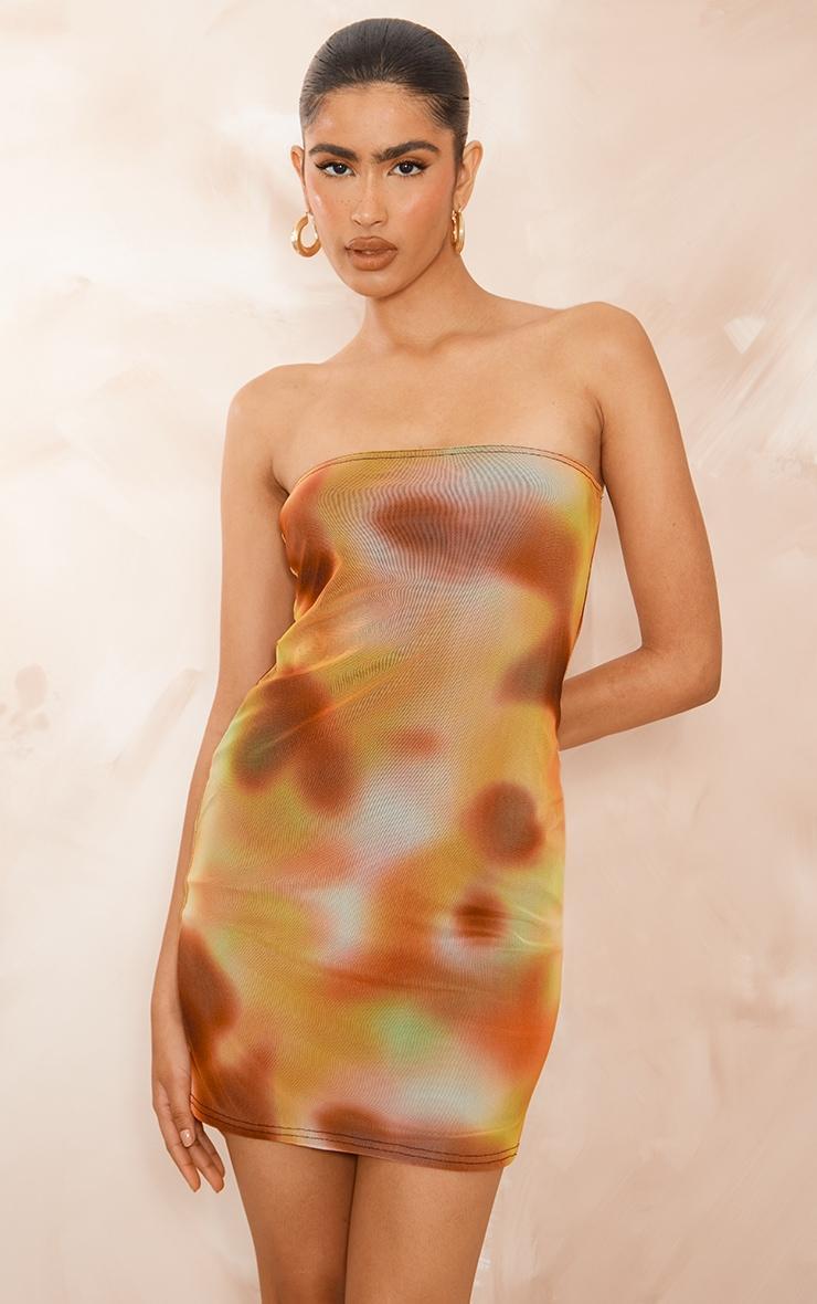 Orange Abstract Print Mesh Bandeau Lined Bodycon Dress Product Image