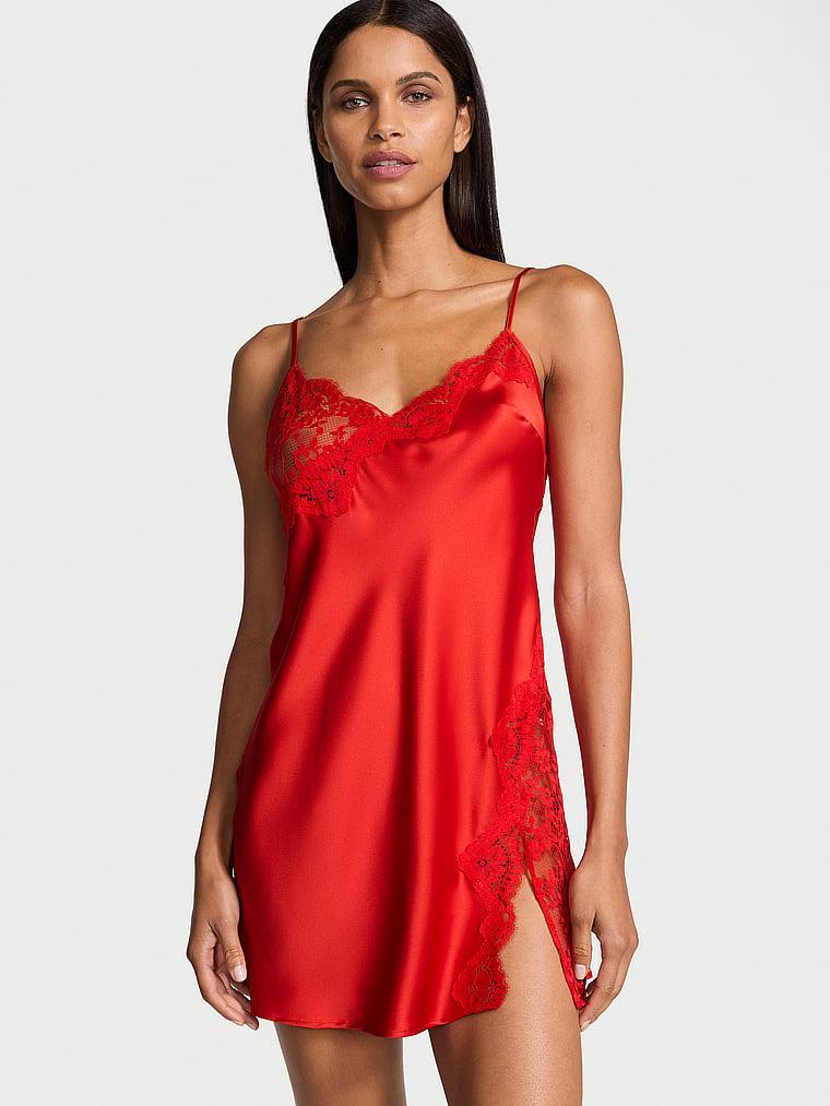 Satin Rose Lace-Trim Asymmetric Slip Dress Product Image