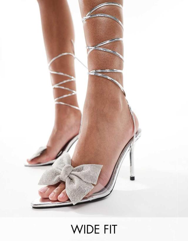 Public Desire Fame Wide Fit embellished bow mid heel sandals in silver mirror Product Image