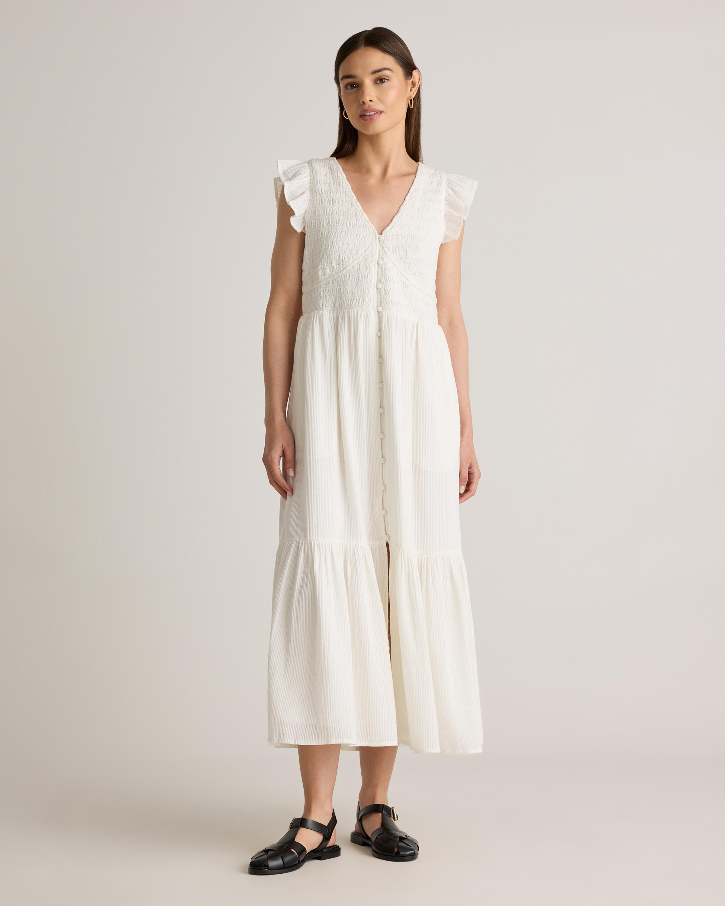 Organic Textured Cotton Smocked V-neck Midi Dress product image