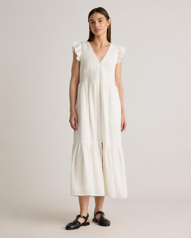 Organic Textured Cotton Smocked V-neck Midi Dress Product Image