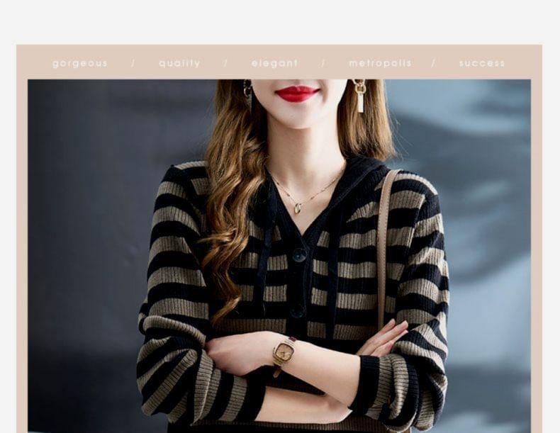 Striped Drawstring Ribbed Knit Hoodie Dress Product Image