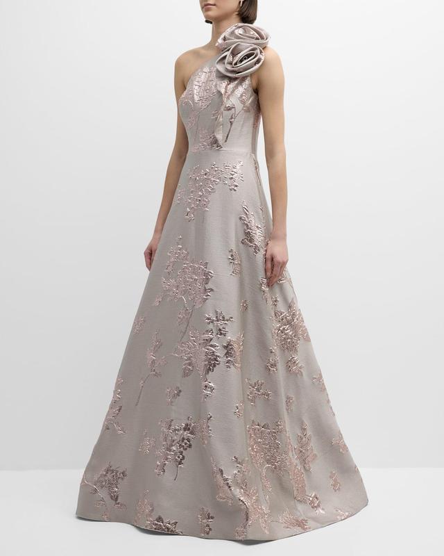 One-Shoulder Metallic Floral Jacquard Gown Product Image