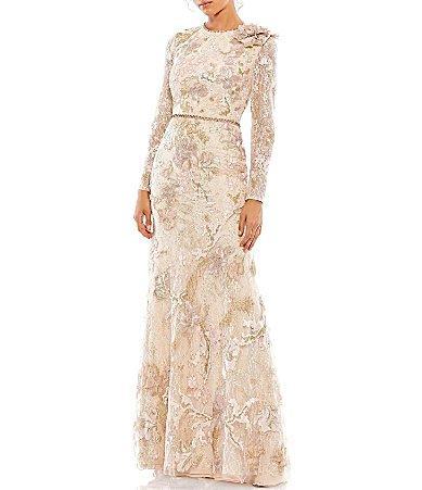 Mac Duggal Floral Lace Embroidered Crew Neck Long Sleeve Gown Product Image