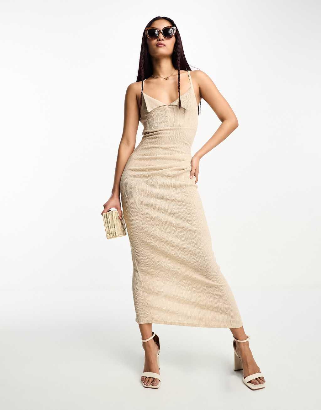 ASOS DESIGN textured strappy midi dress with fold over bust in stone Product Image