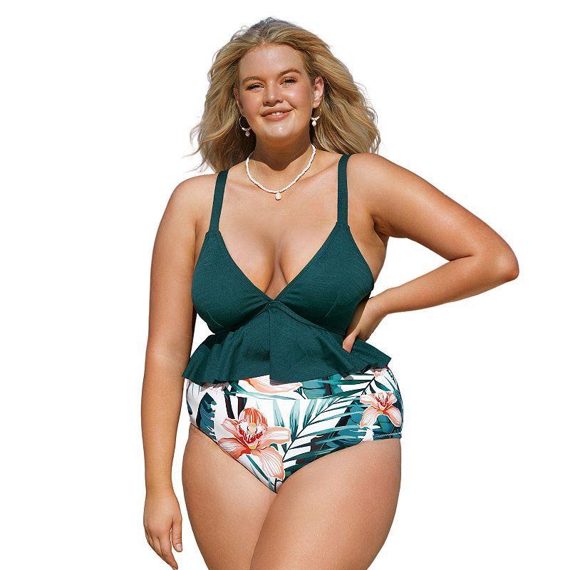 Plus Size CUPSHE Ruffle Swim Top & High-Waist Floral Bottoms Bikini Set, Womens Green Product Image