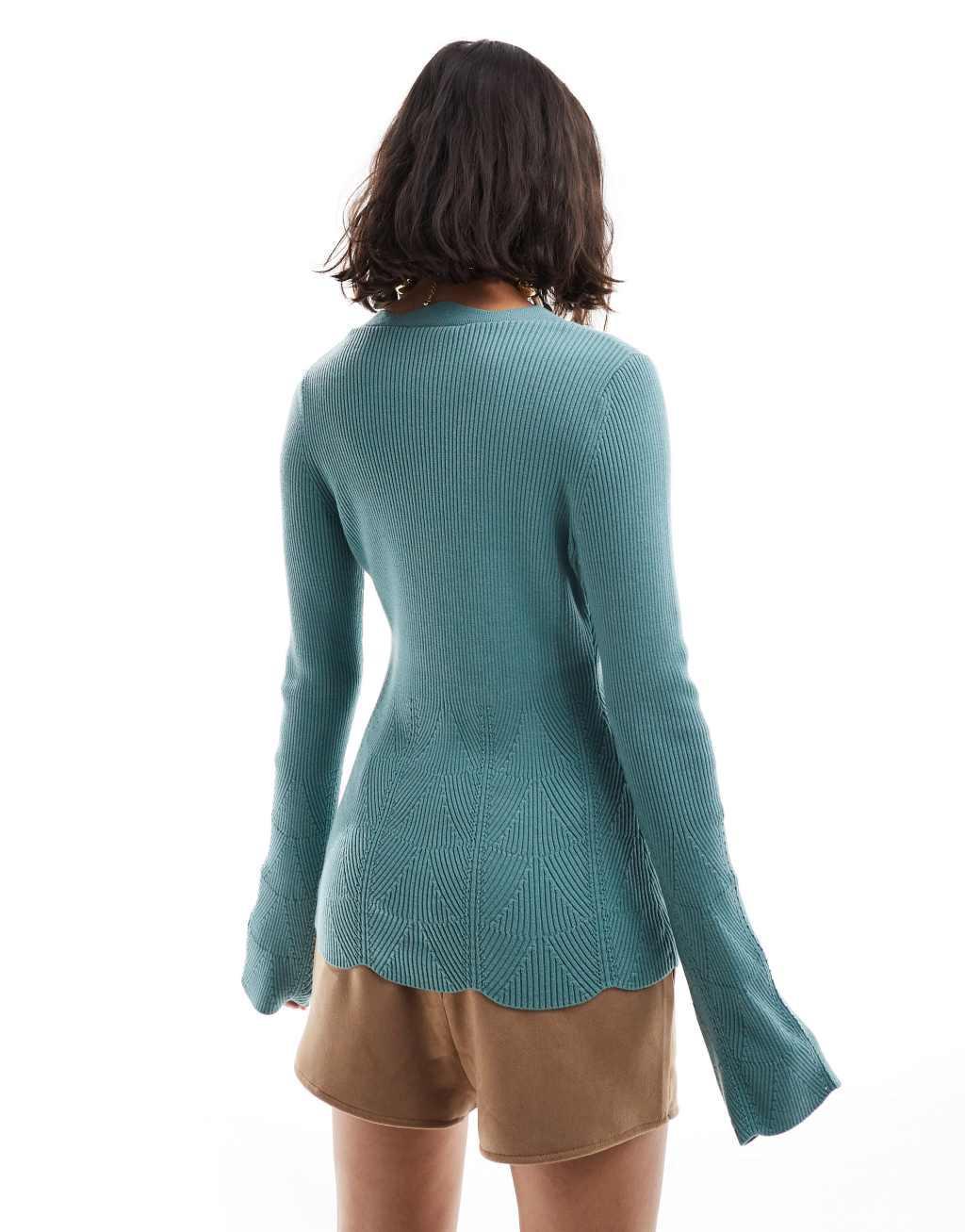 & Other Stories fitted cardigan with extended flared sleeve and scalloped front button detail in teal blue Product Image