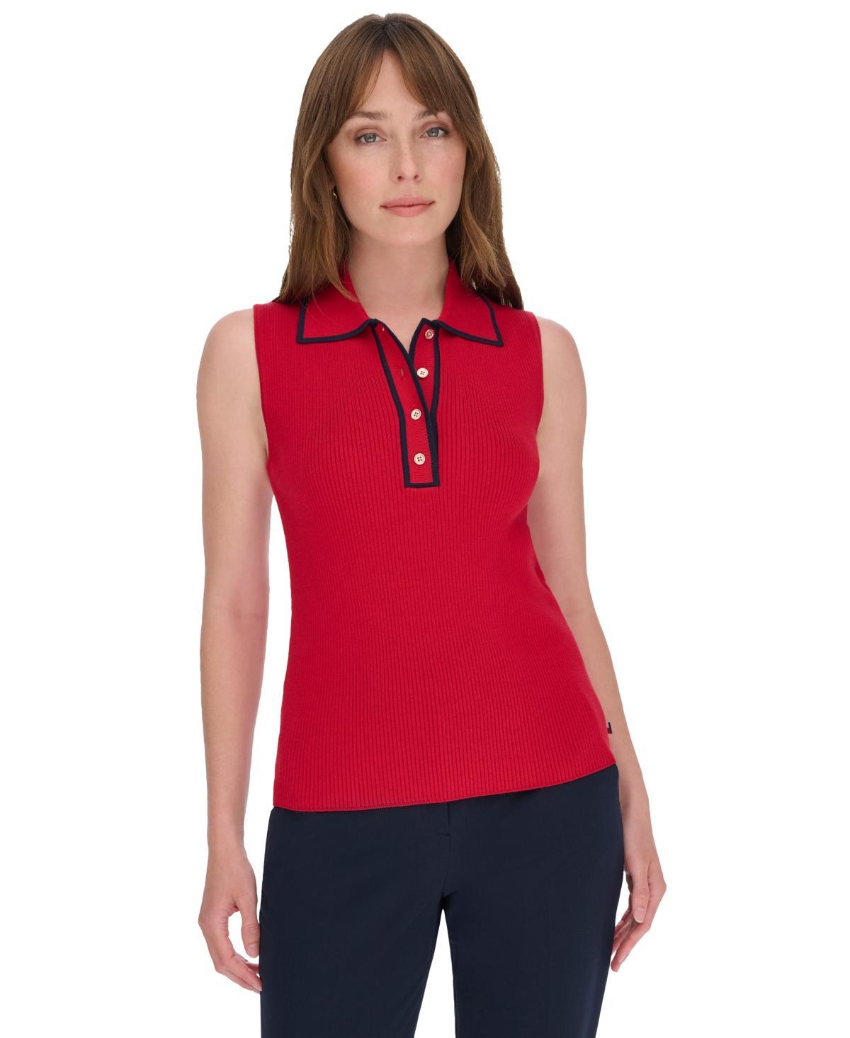 Tommy Hilfiger Womens Rib-Knit Sleeveless Polo Tank Top - Chili Product Image