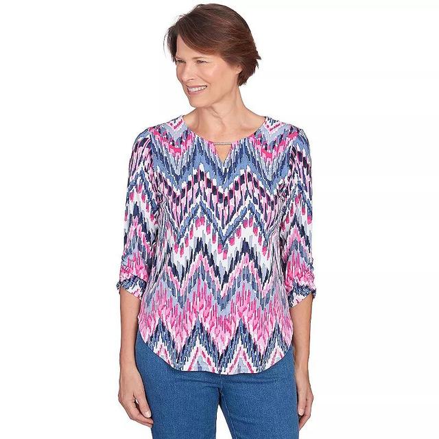 Petite Alfred Dunner Puff Print Ikat Chevron Split Neck Top, Womens Product Image