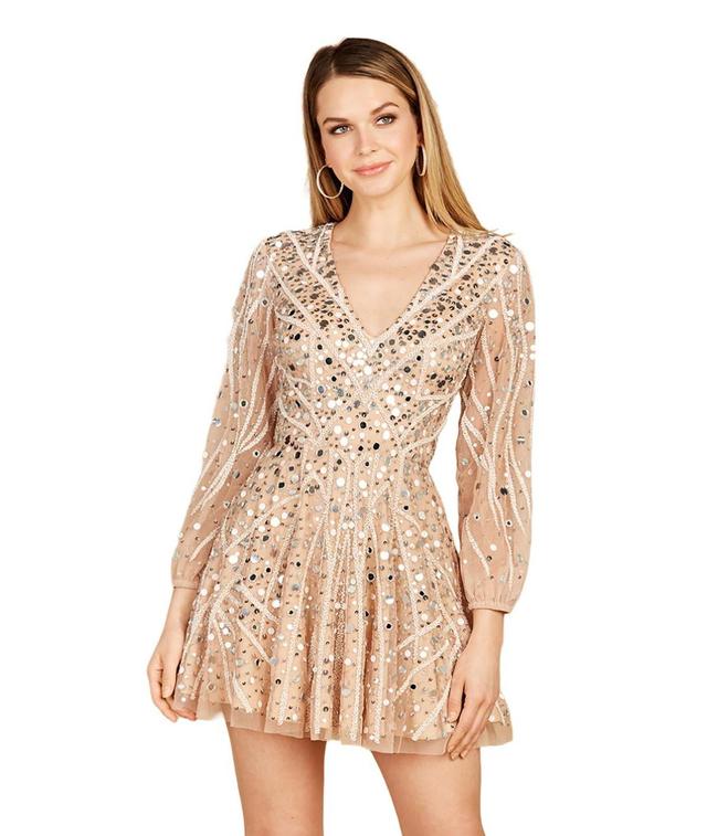 Womens Lara Beaded Long Sleeve Bridal Cocktail Short Dress - Nude Product Image