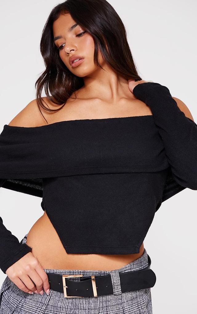  Black Brushed Rib Fold Over Detail Long Sleeve Top Product Image