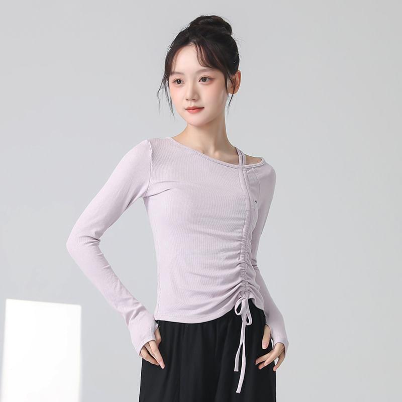 Long-Sleeve Asymmetrical Plain Crop Top Product Image