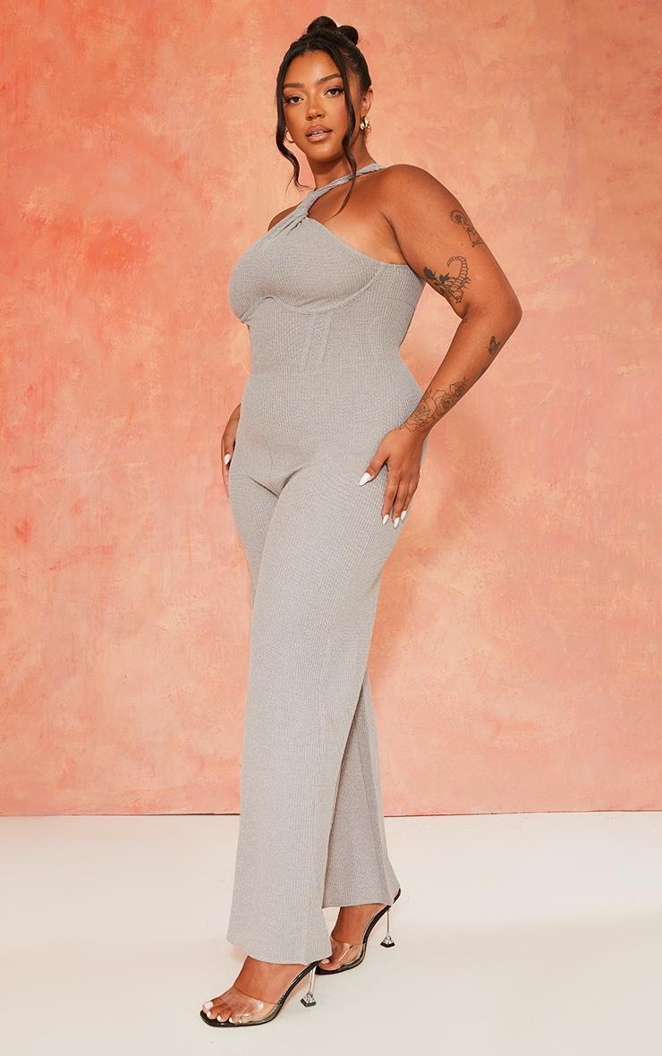  Plus Grey Twist Neck Corset Wide Leg Jumpsuit Product Image