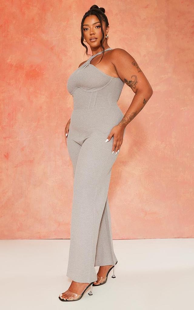  Plus Grey Twist Neck Corset Wide Leg Jumpsuit Product Image