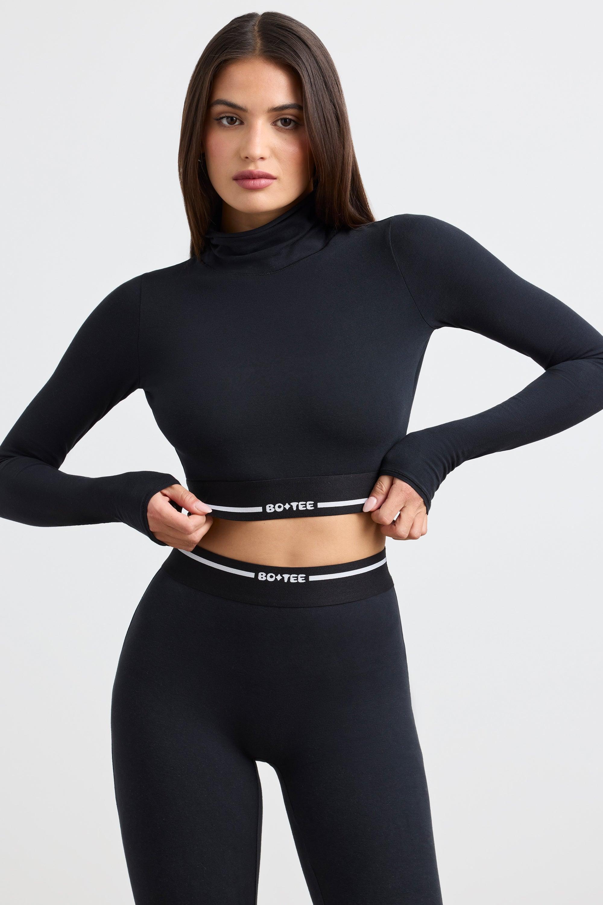 Turtleneck Backless Long-Sleeve Crop Top in Black Product Image