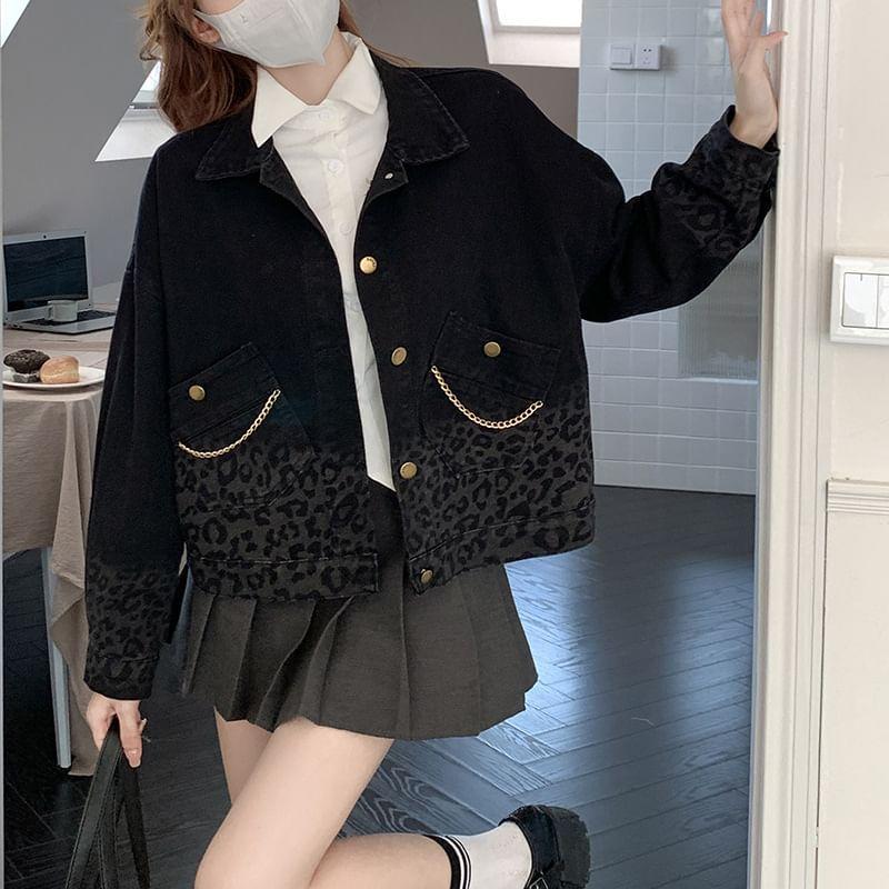 Long Sleeve Leopard Print Loose-Fit Denim Jacket Product Image