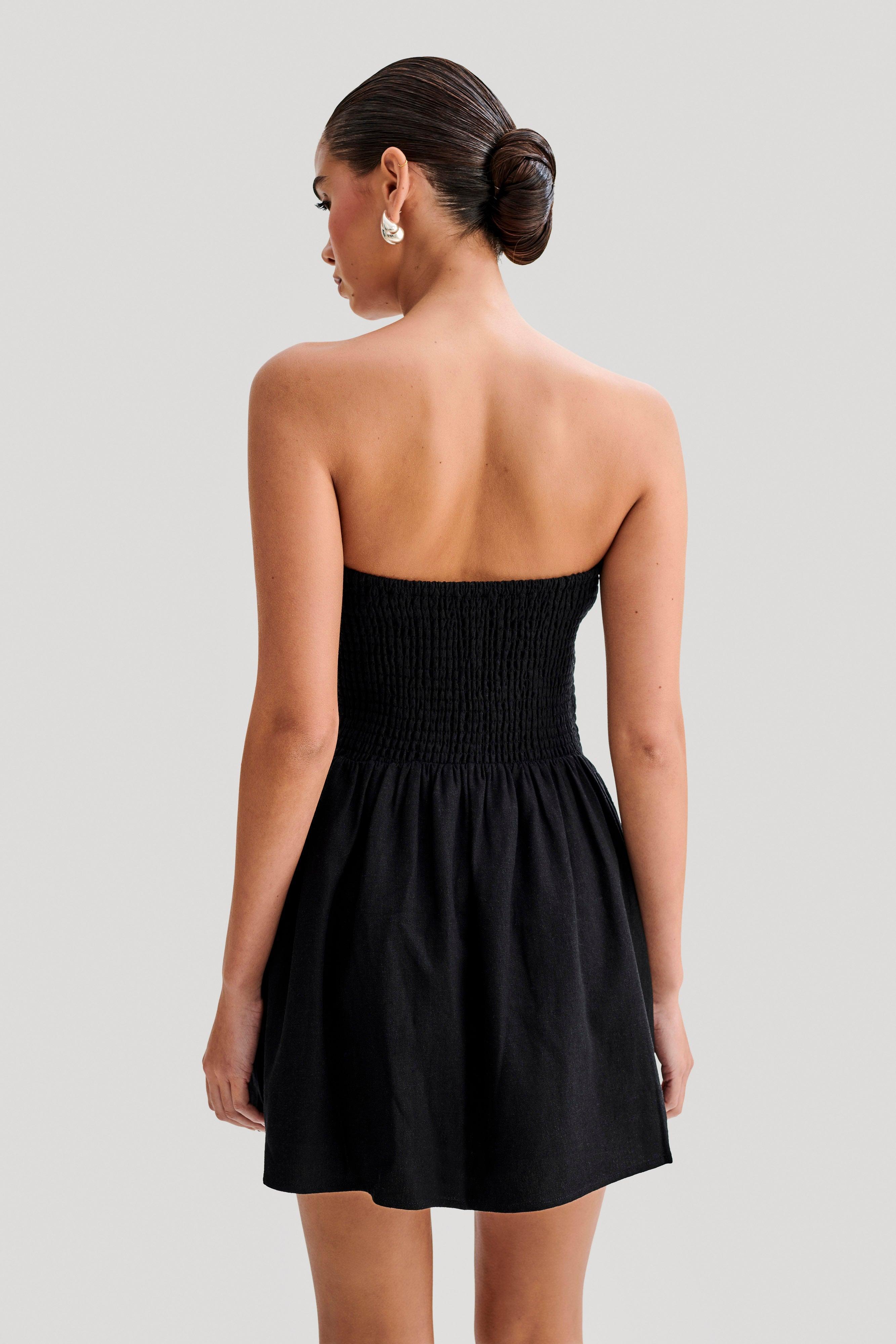 Holland Linen Shirring Mini Dress - Black Product Image