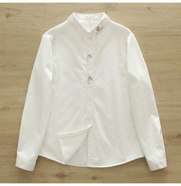 Long Sleeve Collared Floral Embroidered Shirt Product Image