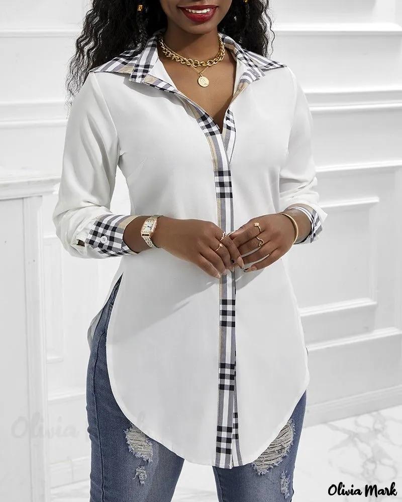 Olivia Mark – Plaid Button-Down Shirt with Contrast Sides and Slits Product Image