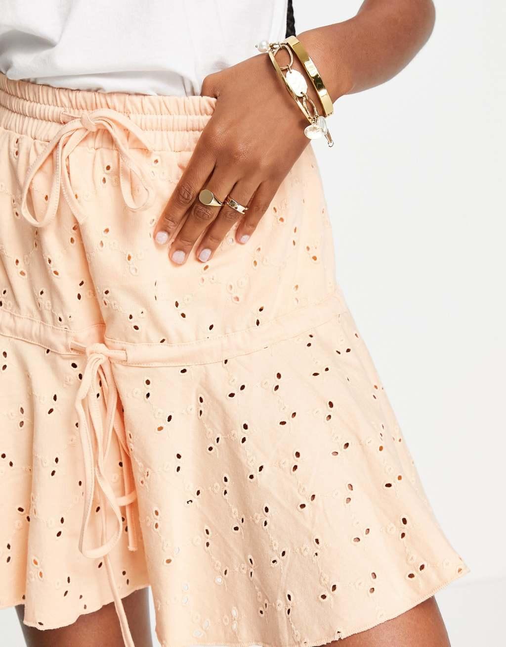 ASOS DESIGN Tall broderie tiered mini skirt with tie detail Product Image