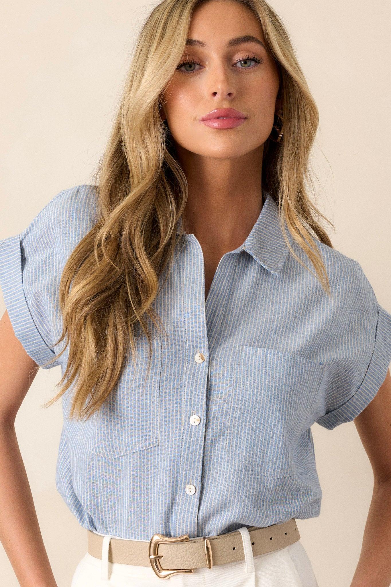 Know The One Light Blue Striped Button Front Top Product Image