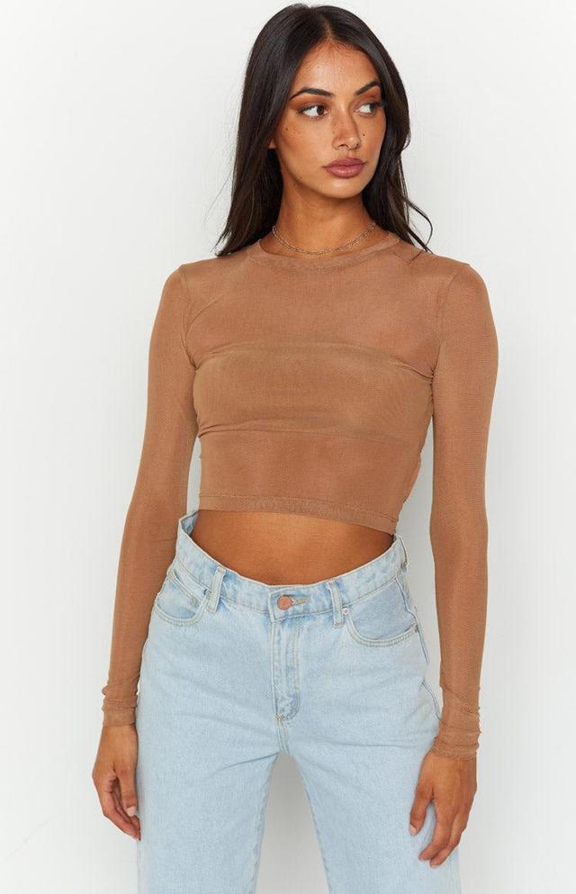 Evermore Beige Mesh Long Sleeve Top Product Image