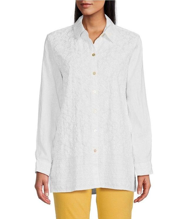 John Mark Petite Size Floral Embroidered Collar Neck Hi-Low Hem Button-Front Linen Blouse Product Image