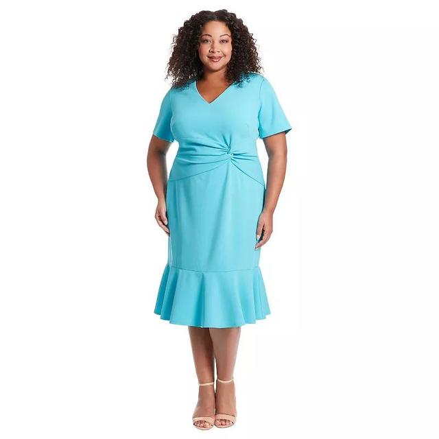 Plus Size London Times V-Neck Twist Flounce Midi Dress, Womens Product Image