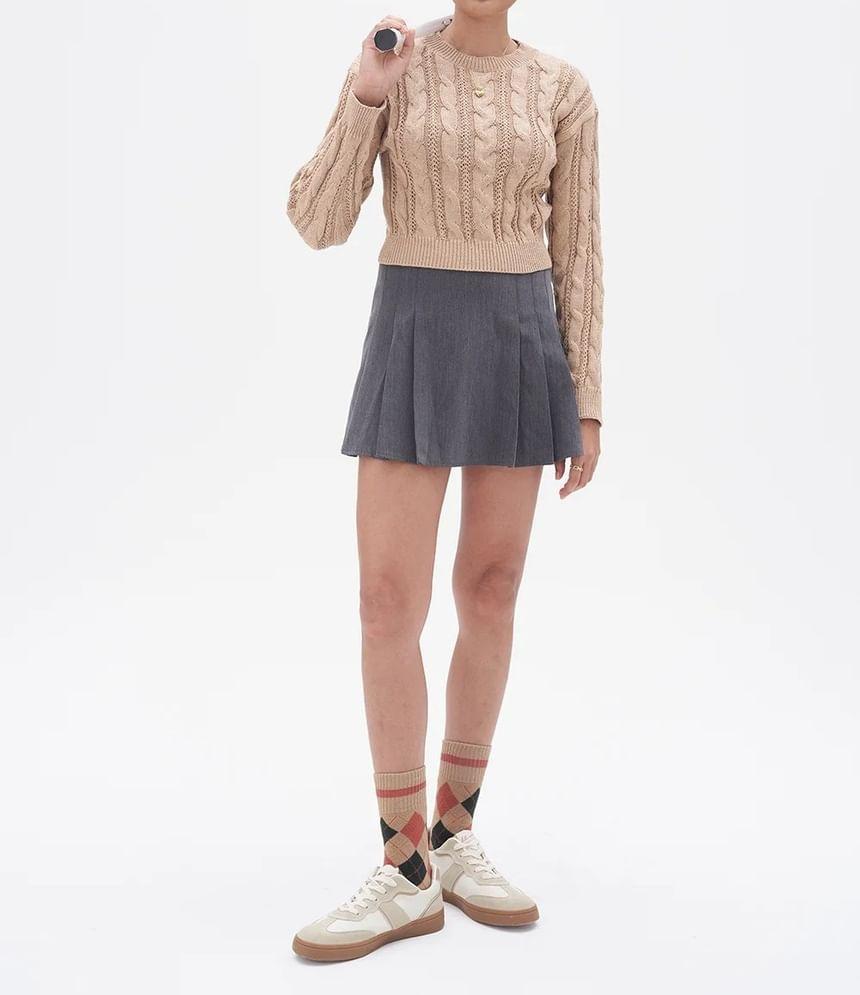 Crew Neck Plain Cable Knit Cropped Sweater Product Image