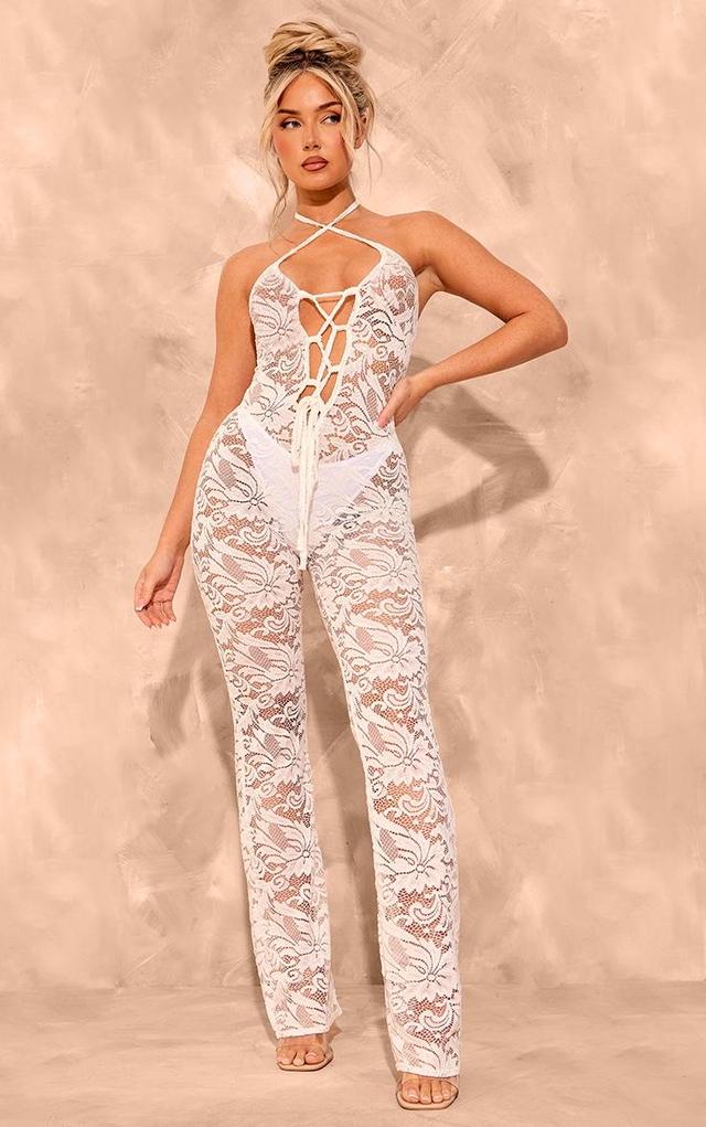 White Lace Strappy Lace Up Jumpsuit Product Image