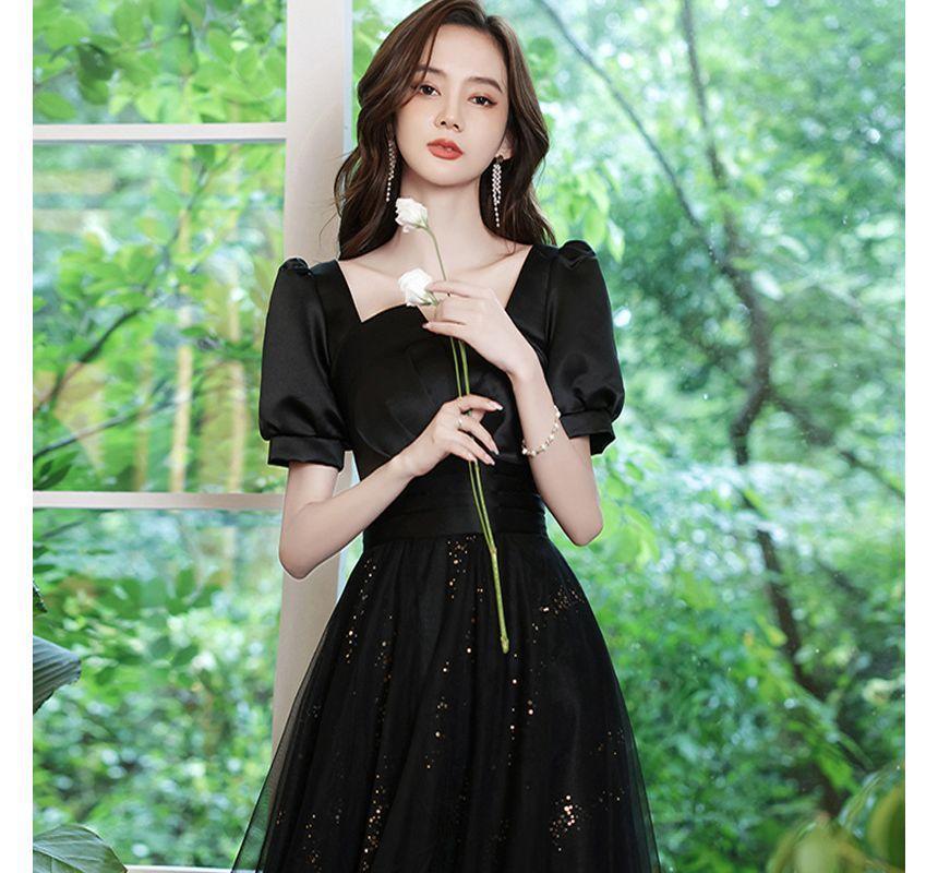 Short-Sleeve Sequin Mesh Panel A-Line Evening Gown Product Image