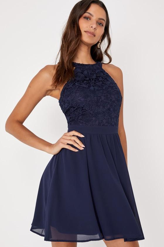 Lover's Game Navy Blue Lace Skater Dress product image