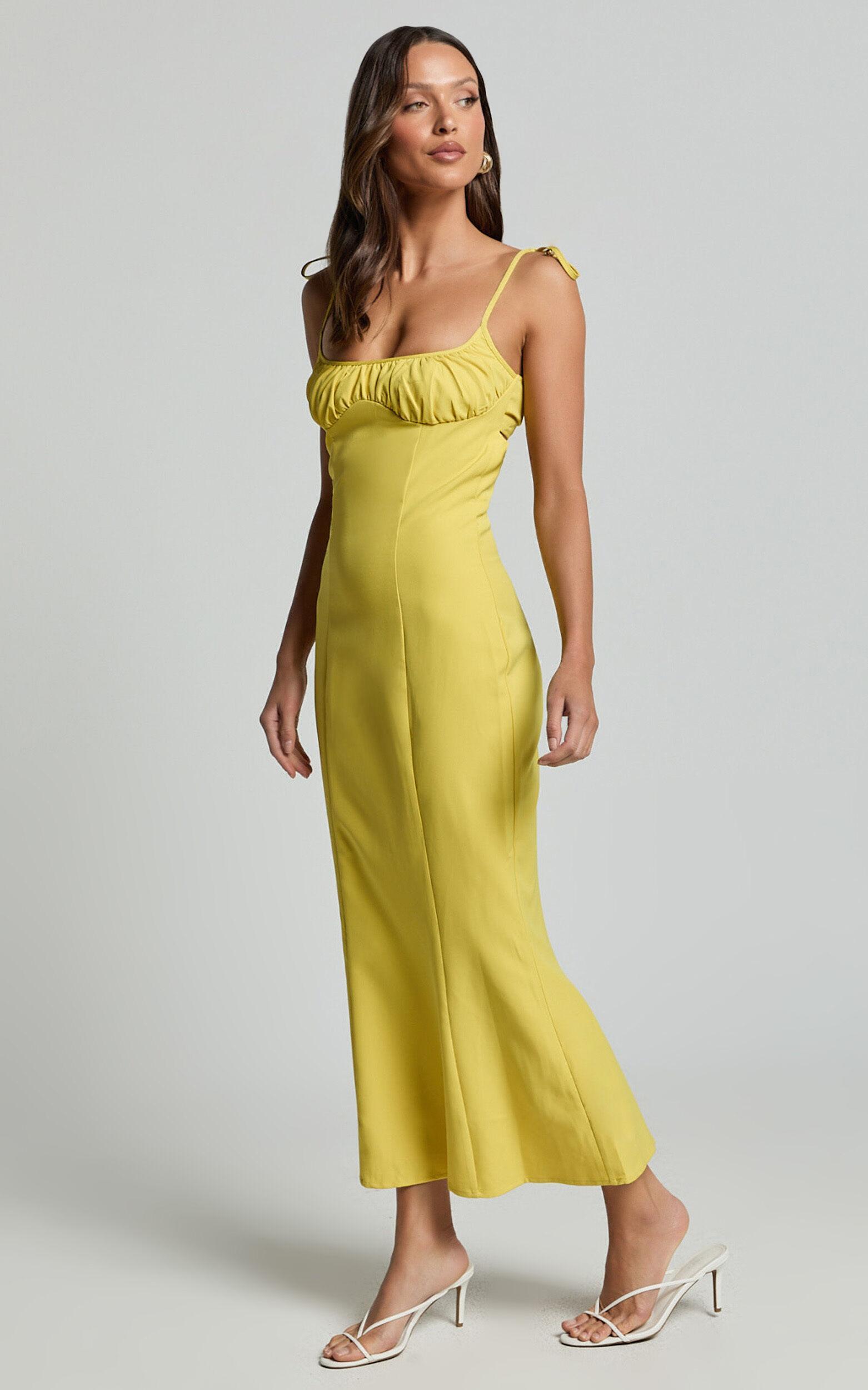 Karina Midi Dress - Ruched Bust Tie Shoulder Fit and Flare Dress in Lemon Product Image