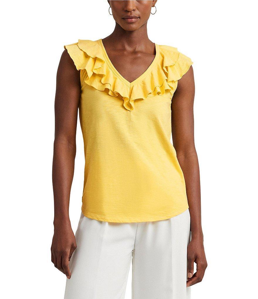 Lauren Ralph Lauren Jersey Knit Ruffle Trim V-Neck Sleeveless Top Product Image