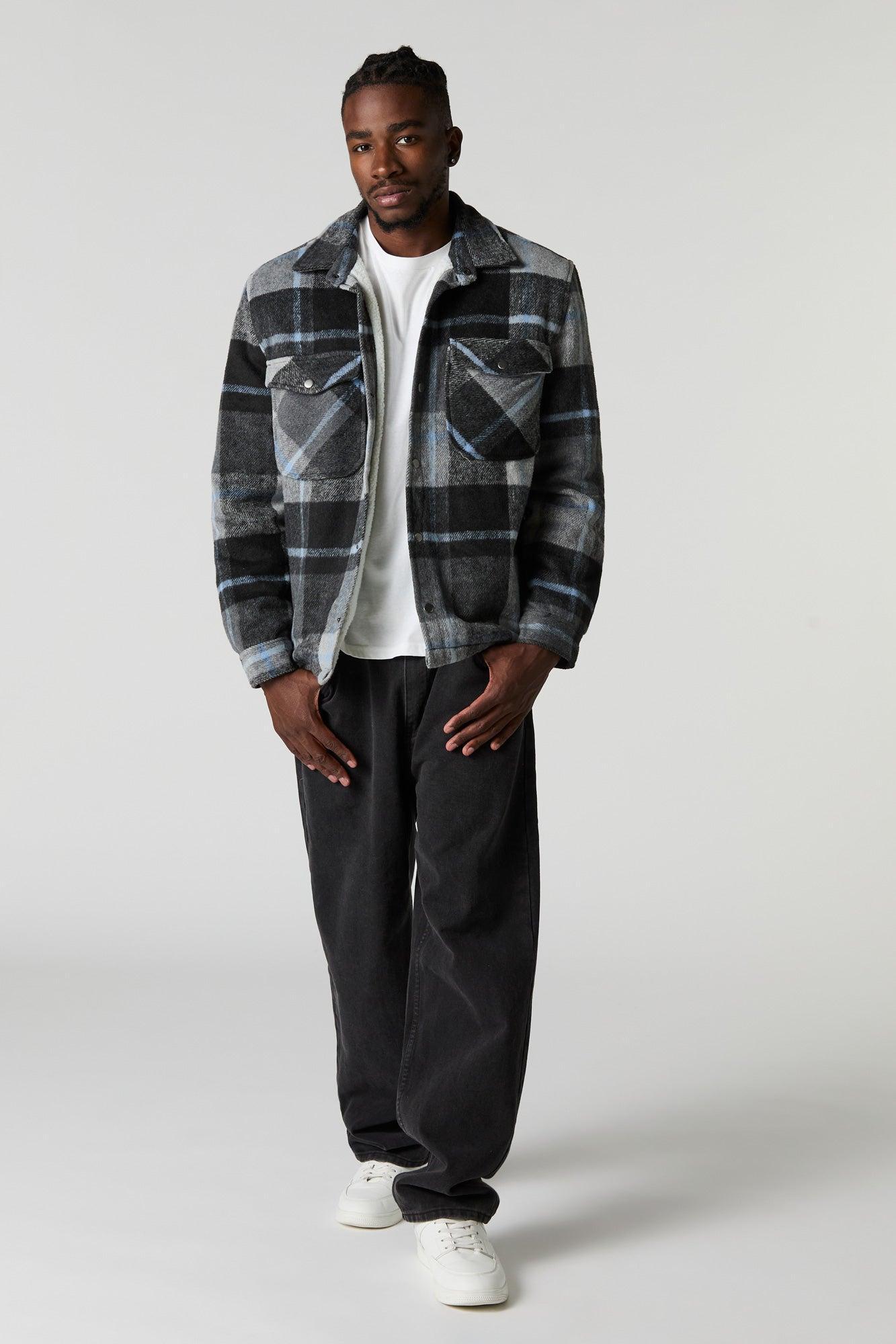 Sherpa Lined Plaid Flannel Shacket Male Product Image