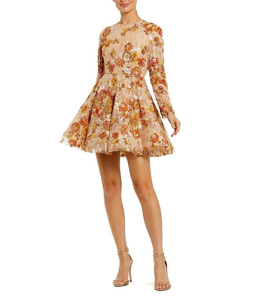 Mac Duggal Floral Sequin Crew Neck Long Sleeve A-Line Mini Dress Product Image