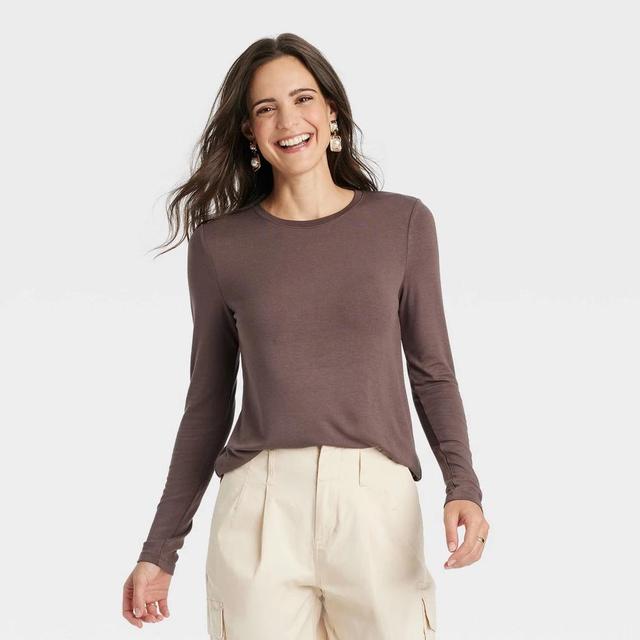 Womens Long Sleeve Brushed Knit T-Shirt - A New Day Brown XS Product Image