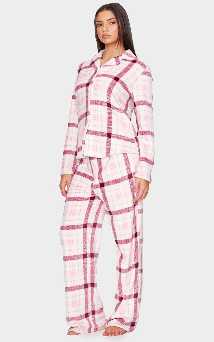 Pink Check Print Fleece Button Down Long Pj Set Product Image