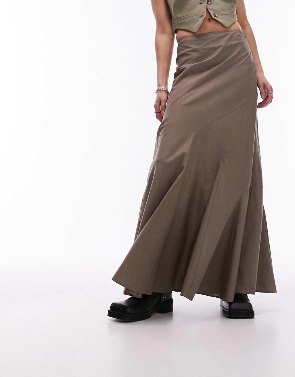 Topshop tiered Disjointed Midi Skirt in Taupe Product Image