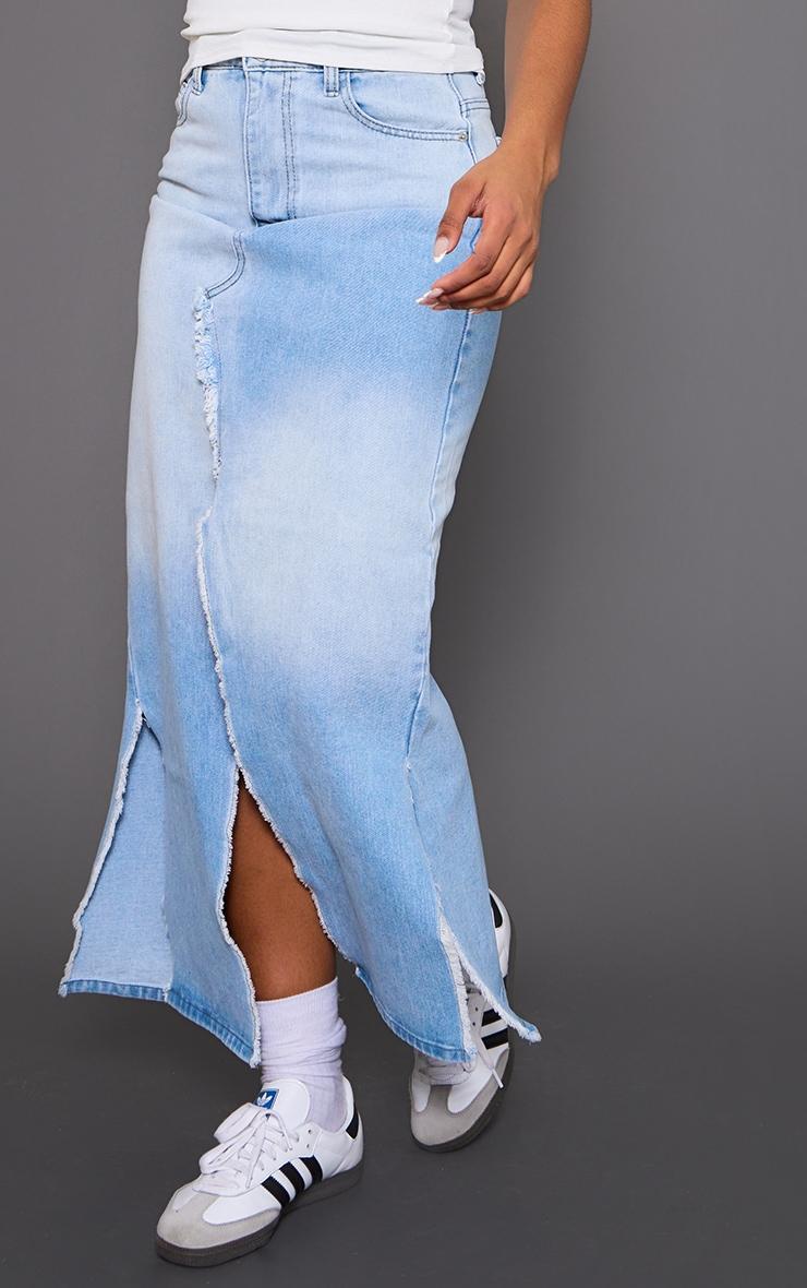 Light Blue Wash Fray Multi Split Denim Maxi Skirt Product Image