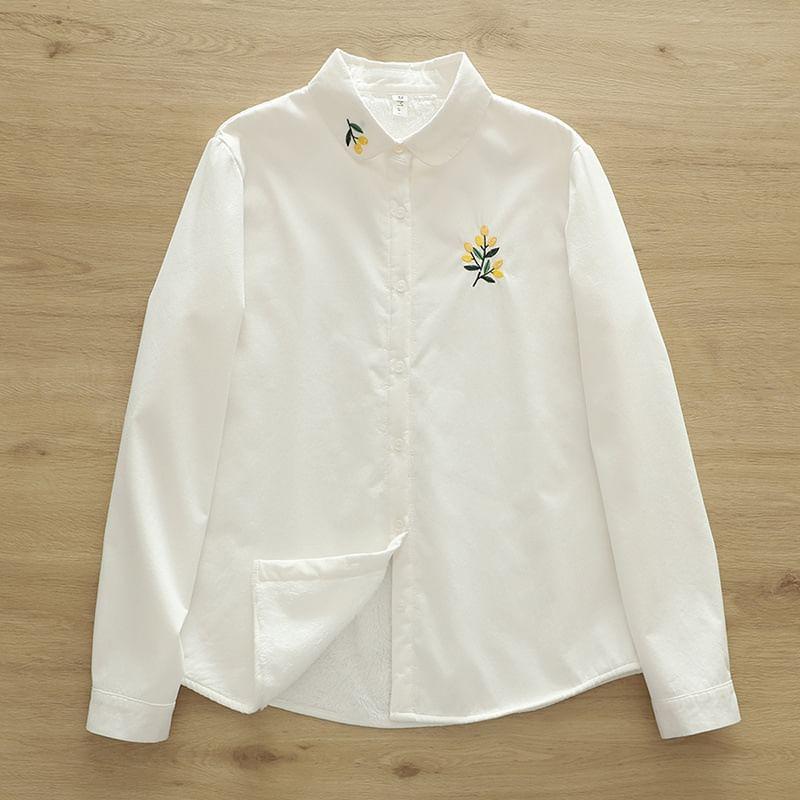 Long Sleeve Collared Floral Embroidered Shirt Product Image