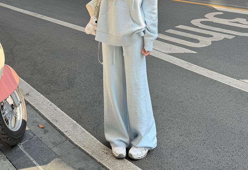 Plain Knit Hoodie / Drawstring Waist Wide Leg Pants Product Image