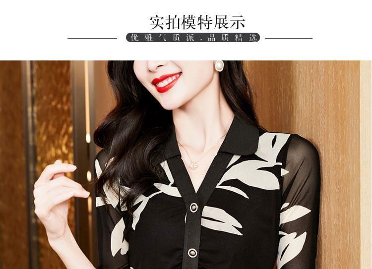 Long-Sleeve V-Neck Floral Mesh Shirt Product Image