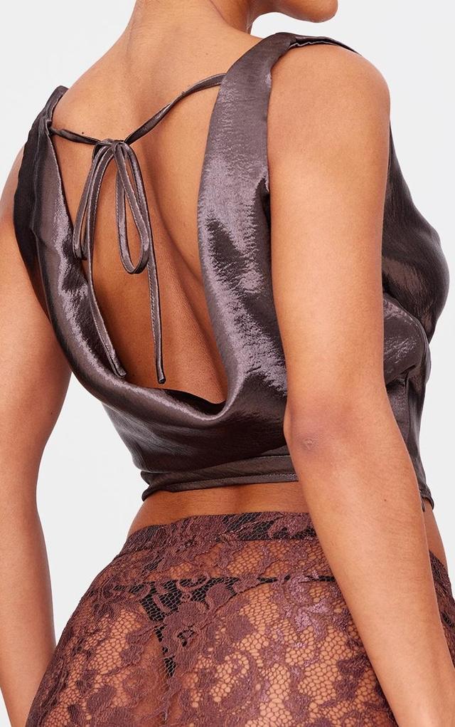 Dark Brown Metallic Satin Cowl Crop Top Product Image