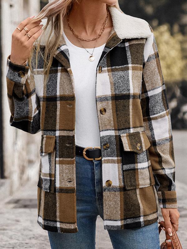 Long Sleeves Loose Buttoned Plaid Pockets Split-Joint Lapel Outerwear Product Image