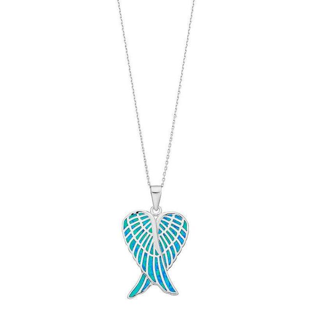 Sterling Silver Lab-Created Blue Opal Angel Wings Pendant, Womens Product Image