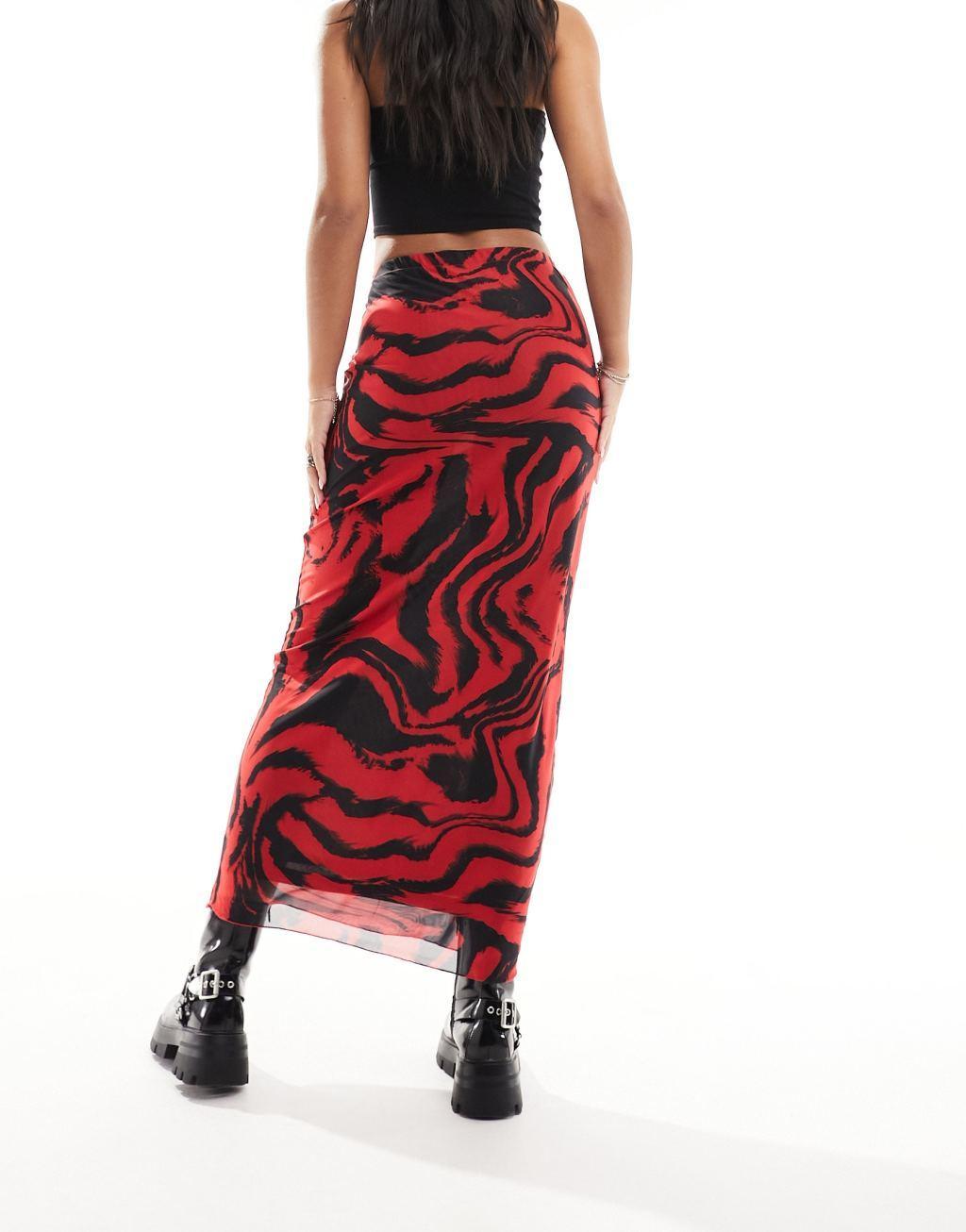 Only mesh maxi skirt in red and black swirl  Product Image