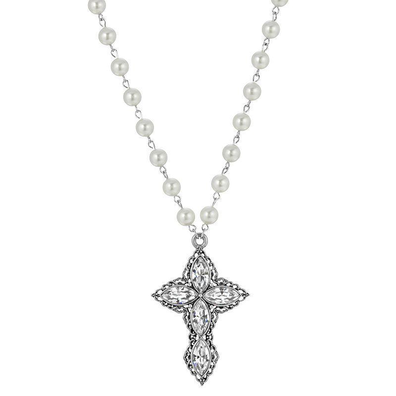 2028 Womens Pewter Clear Crystal Diamon Shaped Stones Cross Imitation Pearl Necklace Product Image